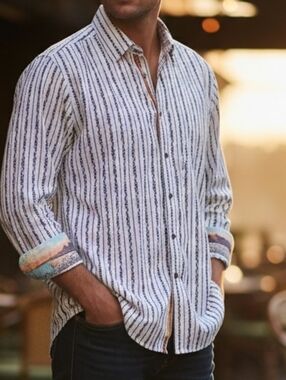 Robert Graham Striped Button Up Shirt XL White Black Flip Cuff Silk Trim